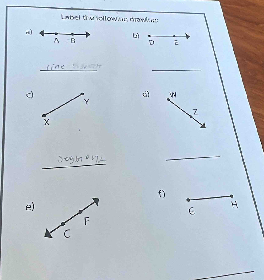 Label the following drawing: 
a) 
b) 
A B 
D E 
_ 
_ 
c) 
d) W
Y 
Z 
x 
_ 
_ 
f) 
e)
H
G