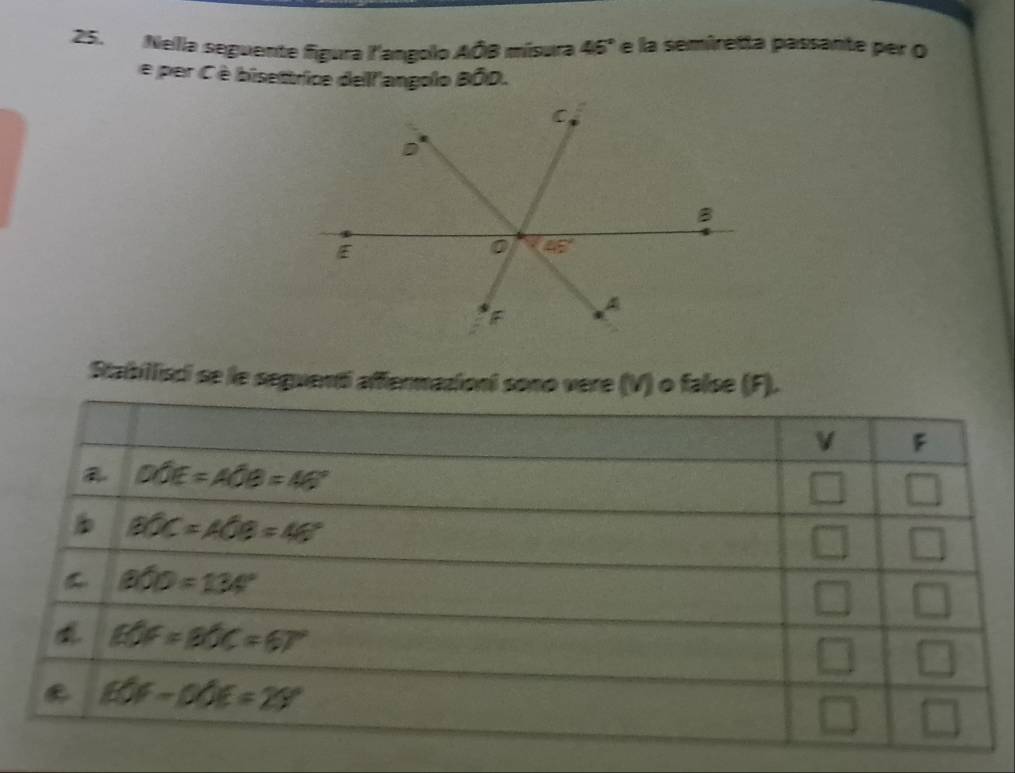 Nella seguente figura l'angolo AÓB mísura 46° e la semíretta passante per O
e per C è bisettrice dell'angolo BÔD.
Stabillisci se le seguenti affermazioni sono vere (V) o false (F).