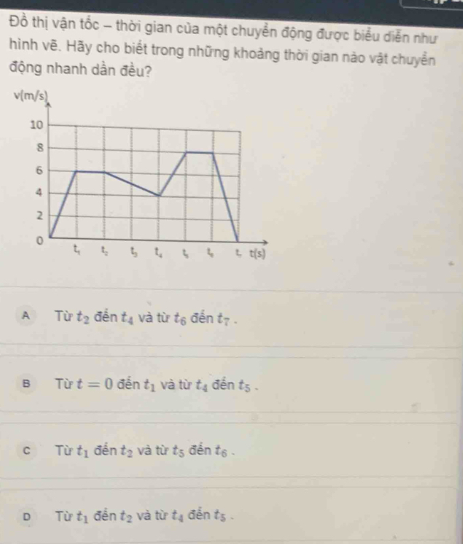 Đồ thị vận tốc - thời gian của một chuyển động được biểu diễn như
hình vẽ. Hãy cho biết trong những khoảng thời gian nào vật chuyển
động nhanh dần đều?
A Từ t_2 đến t_4 và từ t_6 đến t_7.
B Từ t=0 đến t_1 và từ t_4 đến t_5.
C Từ t_1 đến t_2 và từ t_5 đến t_6.
d Từ t_1 đến t_2 và từ t_4 đến t_5.