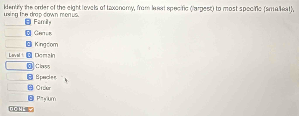 Solved: Identify the order of the eight levels of taxonomy, from least ...