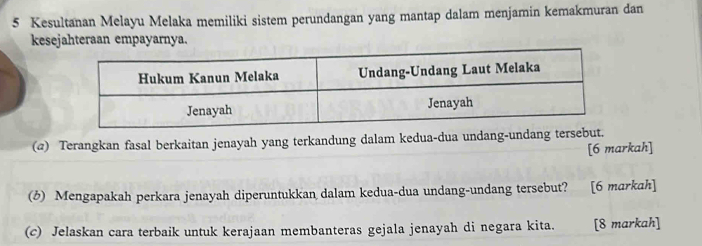 Kesultanan Melayu Melaka memiliki sistem perundangan yang mantap dalam menjamin kemakmuran dan 
kesejahteraan empayarnya. 
(@) Terangkan fasal berkaitan jenayah yang terkandung dalam kedua-dua undang-undang tersebut. 
[6 markah] 
(6) Mengapakah perkara jenayah diperuntukkan dalam kedua-dua undang-undang tersebut? [6 markah] 
(c) Jelaskan cara terbaik untuk kerajaan membanteras gejala jenayah di negara kita. [8 markah]