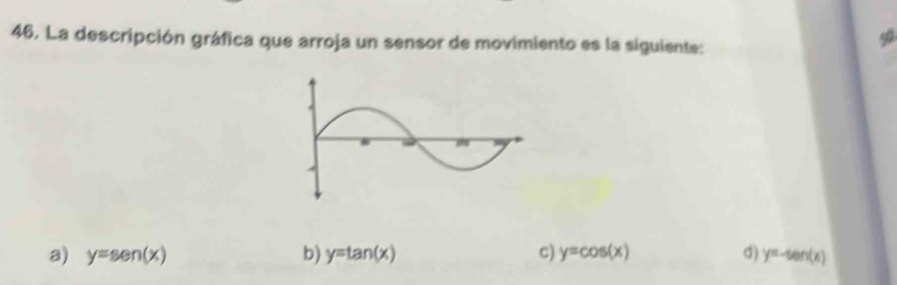 La descripción gráfica que arroja un sensor de movimiento es la siguiente:
a) y=sen(x b) y=tan (x) C) y=cos (x) d) y=-sen (x)