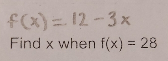 Find x when f(x)=28