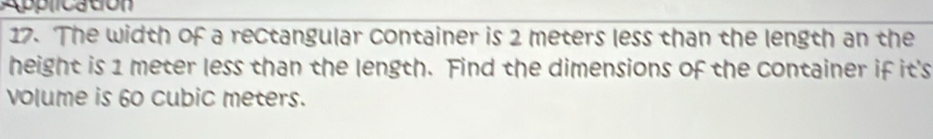 Solved: pplicatión 17. The width of a rectangular container is 2 meters ...