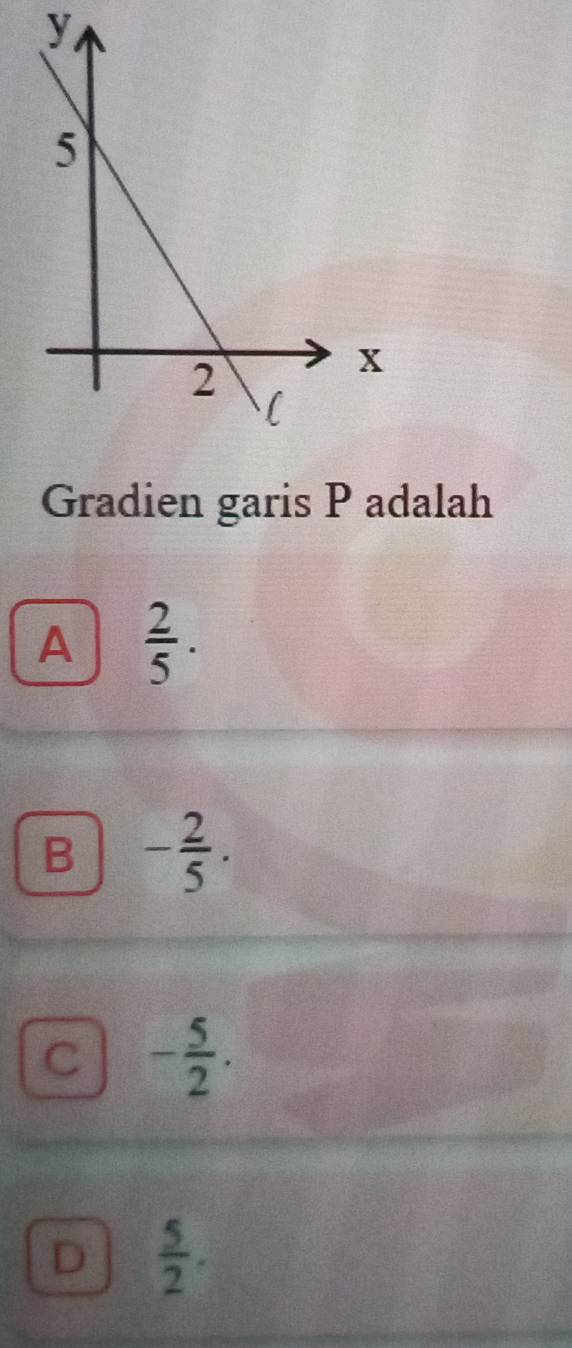 Gradien garis P adalah
A  2/5 .
B - 2/5 .
C - 5/2 .
D  5/2 .