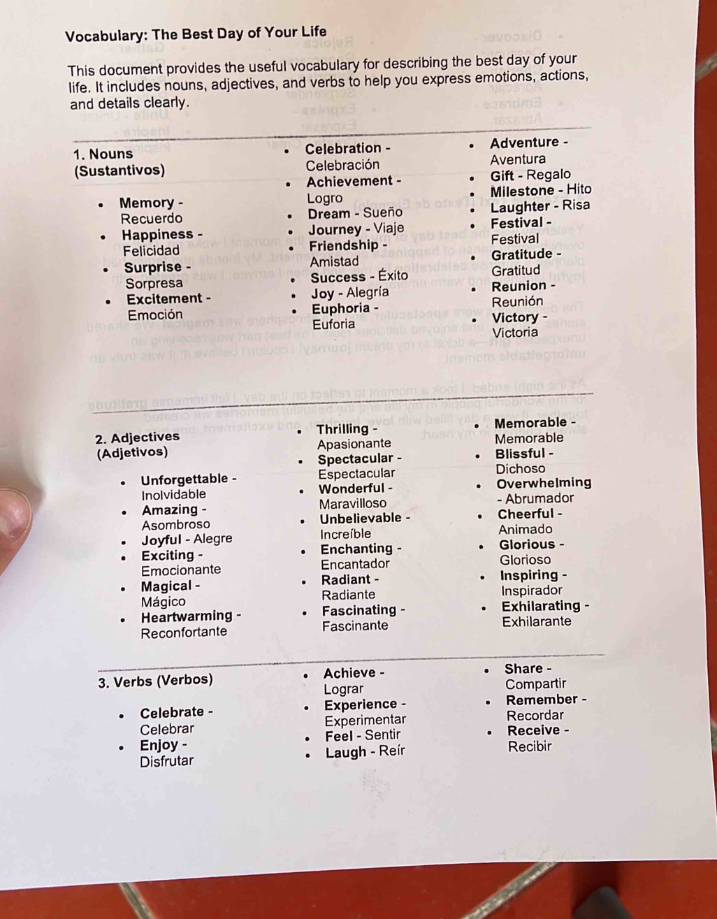 Vocabulary: The Best Day of Your Life 
This document provides the useful vocabulary for describing the best day of your 
life. It includes nouns, adjectives, and verbs to help you express emotions, actions, 
and details clearly. 
1. Nouns Celebration - Adventure - 
(Sustantivos) Celebración Aventura 
Achievement - Gift - Regalo 
Memory - Logro Milestone - Hito 
Recuerdo Dream - Sueño Laughter - Risa 
Happiness - Journey - Viaje Festival - 
Felicidad Friendship - Festival 
Surprise - Amistad Gratitude - 
Sorpresa Success - Éxito Gratitud 
Excitement - * Joy - Alegría Reunion - 
Emoción Euphoria - 
Reunión 
Euforia Victory - 
Victoria 
Thrilling - 
2. Adjectives Memorable 
(Adjetivos) Apasionante Memorable 
. Spectacular - Blissful - 
Unforgettable - Espectacular Dichoso 
Inolvidable Wonderful - Overwhelming 
Amazing - Maravilloso - Abrumador 
Asombroso Unbelievable - Cheerful - 
Joyful - Alegre Increíble Animado 
Enchanting - Glorious - 
Exciting - Glorioso 
Emocionante Encantador 
Magical - Radiant - Inspiring - 
Radiante Inspirador 
Mágico Exhilarating - 
Heartwarming - Fascinating - 
Reconfortante Fascinante Exhilarante 
. 
Share - 
3. Verbs (Verbos) Achieve - Compartir 
Lograr 
Remember - 
Celebrate - . Experience - Recordar 
Celebrar Experimentar 
Enjoy - Feel - Sentir Receive - 
Disfrutar Laugh - Reír 
Recibir