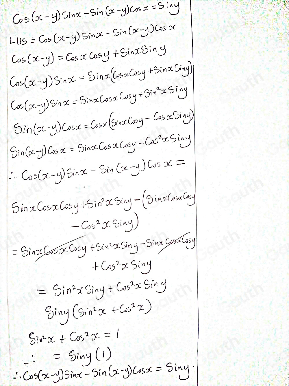Solved: Prove the identity. cos (x-y)sin x-sin (x-y)cos x=sin y Note ...