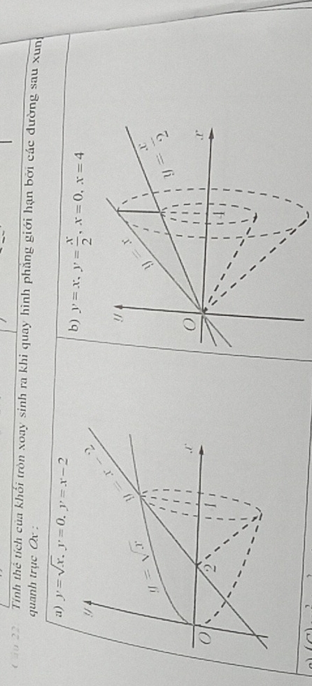 u22 Tính thể tích của khối tròn xoay sinh ra khi quay hình phẳng giới hạn bởi các dường sau xun
quanh trục Qx :
a) y=sqrt(x),y=0,y=x-2
b) y=x,y= x/2 ,x=0,x=4
y=x y= x/2 
4