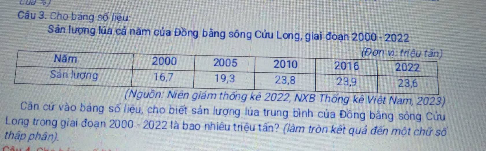 cua %) 
Câu 3. Cho bảng số liệu: 
Sản lượng lúa cả năm của Đồng bằng sông Cửu Long, giai đoạn 2000- 2022
Niên giám thống kê 2022, NXB Thống kê Việt Nam, 2023) 
Căn cứ vào bảng số liệu, cho biết sản lượng lúa trung bình của Đồng bằng sông Cửu 
Long trong giai đoạn 2000 - 2022 là bao nhiêu triệu tấn? (làm tròn kết quả đến một chữ số 
thập phân).