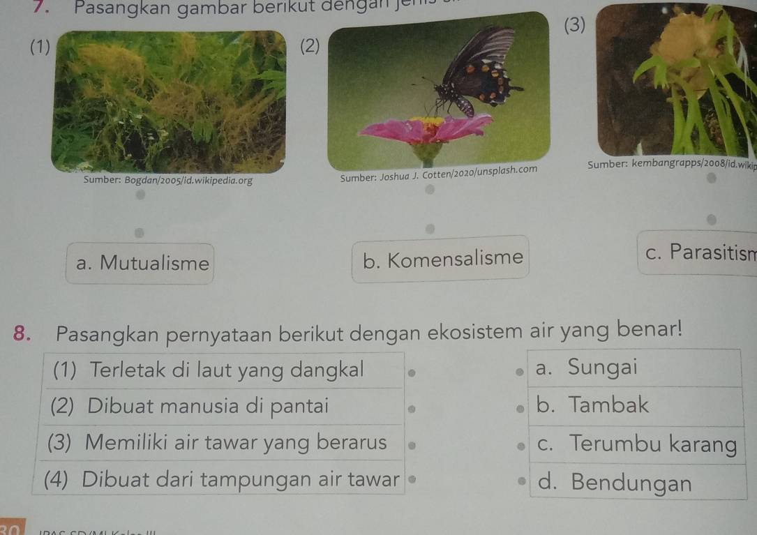 Pasangkan gambar berikut dengan jen'
3
(1)2
Sumber: kembangrapps/2008/id.wikip
a. Mutualisme b. Komensalisme
c. Parasitism
8. Pasangkan pernyataan berikut dengan ekosistem air yang benar!
(1) Terletak di laut yang dangkal a. Sungai
(2) Dibuat manusia di pantai b. Tambak
(3) Memiliki air tawar yang berarus c. Terumbu karang
(4) Dibuat dari tampungan air tawar d. Bendungan
R0