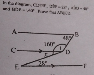 In the diagram,
and Bhat DE=160° CD||EF,Dwidehat EF=28°,Awidehat BD=48°. Prove that ABparallel CD.