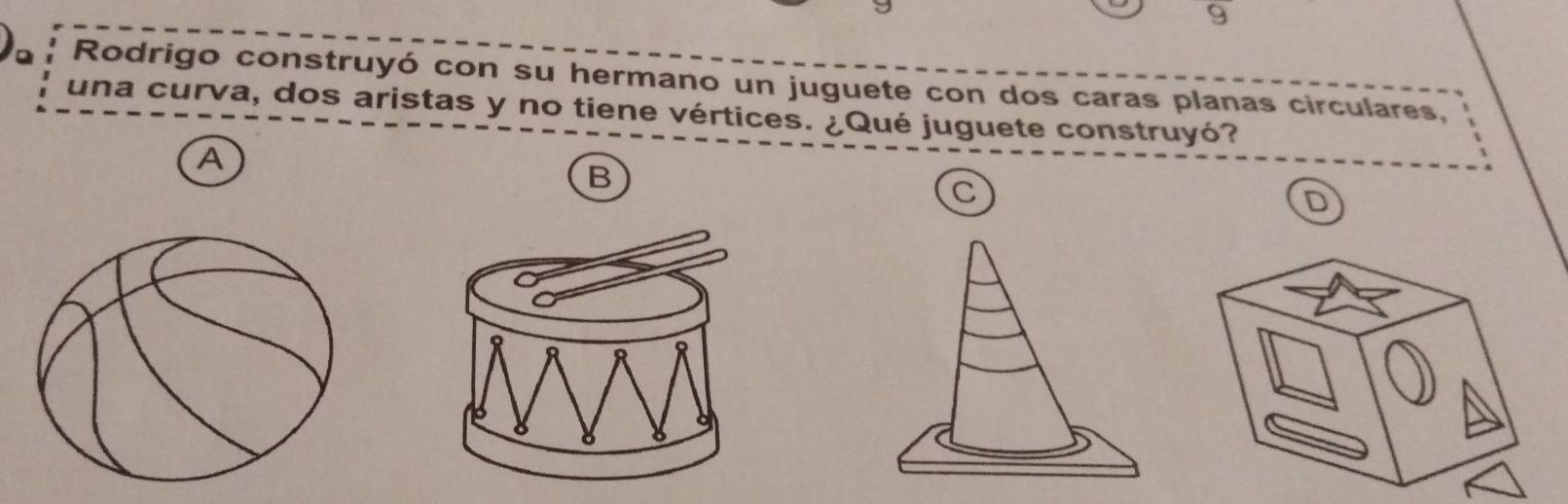 Rodrigo construyó con su hermano un juguete con dos caras planas circulares, 
una curva, dos aristas y no tiene vértices. ¿Qué juguete construyó? 
A 
B 
C 
D