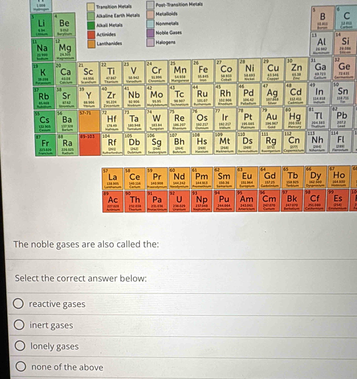 1.000 C
g o 
Transition Metals Post-Transition Metals
5 6.011
rbe
i
086
con
e
631
Germanism
n
711
n
b
2
d
1
urs)
68
0
m
10
m
The noble gases are also called the:
Select the correct answer below:
reactive gases
inert gases
lonely gases
none of the above