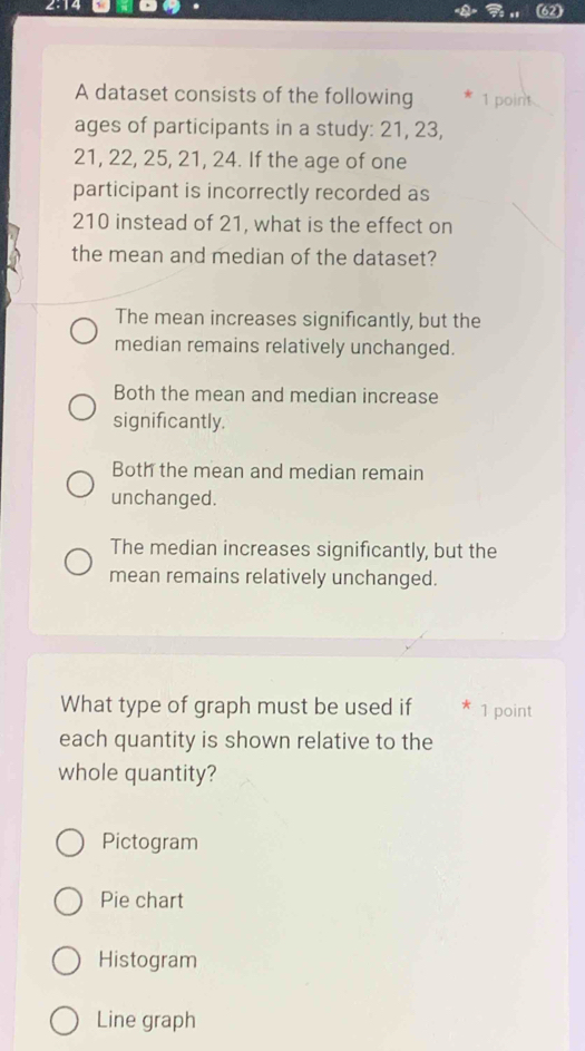 2:14
A dataset consists of the following 1 point 
ages of participants in a study: 21, 23,
21, 22, 25, 21, 24. If the age of one
participant is incorrectly recorded as
210 instead of 21, what is the effect on
the mean and median of the dataset?
The mean increases significantly, but the
median remains relatively unchanged.
Both the mean and median increase
significantly.
Both the mean and median remain
unchanged.
The median increases significantly, but the
mean remains relatively unchanged.
What type of graph must be used if 1 point
each quantity is shown relative to the
whole quantity?
Pictogram
Pie chart
Histogram
Line graph