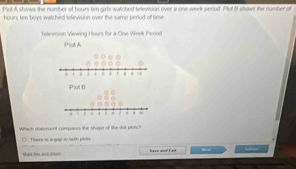 Plot A shows the number of hours ten girls watched television over a one-week period. Plot B shows the number of
hours ten boys watched television over the same period of time .
Television Viewing Hours for a One-Week Period
Plot A
1 2 3 A 5 6 7 9 50
Which statement compares the shape of the dot plots?
There is a gap in both plots
Mark this and retur Save and Exit No et Sastosvc