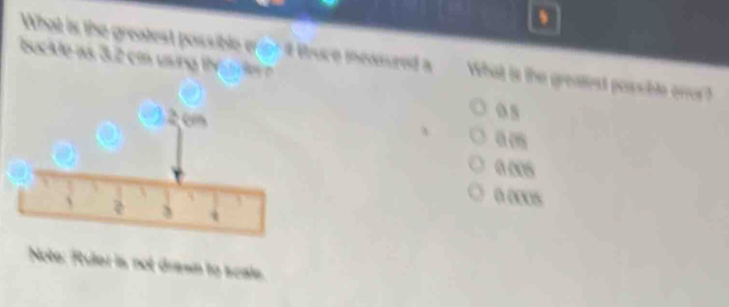 、
buckle as 3.2 cm using
What is the greatest possible e Puce incanred a What is the greatest possible orror?
05
a e
a.00s
o 0∞0s
Note: Ruler is not drawn to scale