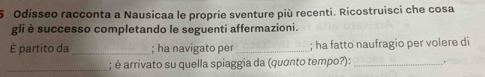 Odisseo racconta a Nausicaa le proprie sventure più recenti. Ricostruisci che cosa 
gli è successo completando le seguenti affermazioni. 
È partito da _; ha navigato per _; ha fatto naufragio per volere di 
_; è arrivato su quella spiaggia da (quσnto tempo?): _.