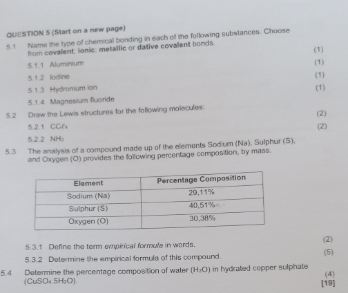 (Start on a new page) 
5.1 Name the type of chemical bonding in each of the following substances. Choose 
from covalent; ionic; metallic or dative covalent bonds. 
5.1.1 Aluminium (1) (1) 
5.1.2 lodine 
(1) 
5.1.3 Hydronium ion (1) 
5.1.4 Magnesium fluoride 
5.2 Draw the Lewis structures for the following molecules: 
5.2.1 CCfs (2) 
(2) 
5.2.2 NH₃
5.3 The analysis of a compound made up of the elements Sodium (Na), Sulphur (S), 
and Oxygen (O) provides the following percentage composition, by mass. 
5.3.1 Define the term empirical formula in words. (2) 
5.3.2 Determine the empirical formula of this compound. (5) 
5.4 Determine the percentage composition of water (H_2O) in hydrated copper sulphate (4)
(CuSO₄.5H₂O). 
[19]