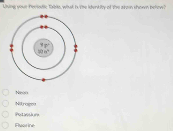 Using your Periodic Table, what is the identity of the atom shown below?
Neon
Nitrogen
Potassium
Fluorine