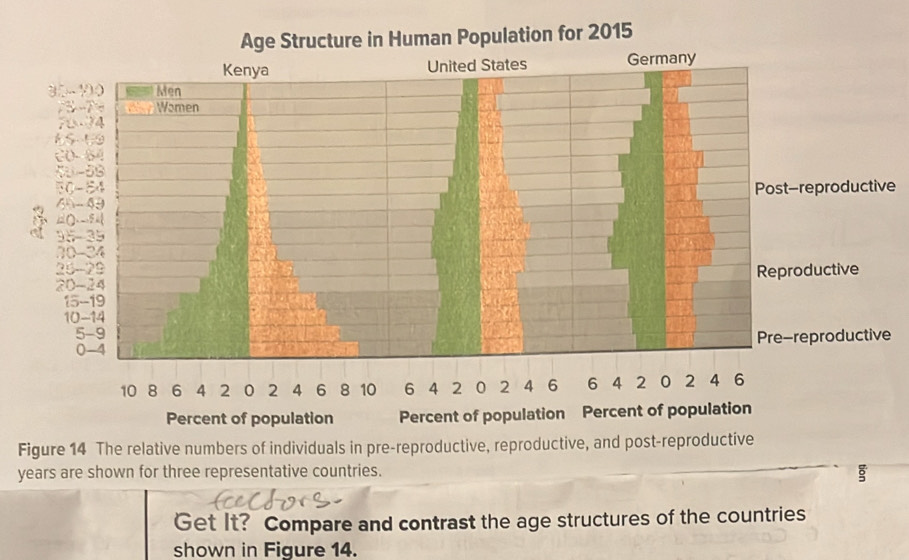 Age Structure in Human Population for 2015 
eproductive
1
2
2uctive 
productive 
Percent of population Percen 
Figure 14 The relative numbers of individuals in pre-reproductive, reproductive, and post-reproductive 
years are shown for three representative countries. 
Get It? Compare and contrast the age structures of the countries 
shown in Figure 14.