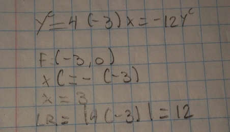 y^c=4(-3)x=-12y^c
F(-3,0)
xc=-(-3)
x=3
LR=|4(-3)|=12