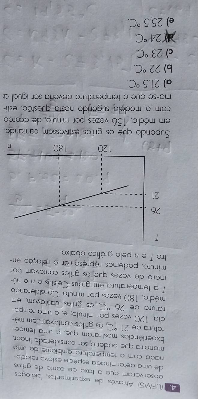 (UFMS) Através de experimentos, biólogos
observaram que a taxa de canto de grilos 
de uma determinada espécie estava relacio-
nada com à temperatura ambiente de uma
maneira que poderia ser considerada linear.
Experiências mostraram que, a uma tempe-
ratura de 21°C , os grilos cantavam, em mé-
dia, 120 vezes por minuto; e, a uma tempe-
ratura de 26°C, , os grilos cantayam, em
média, 180 vezes por minuto. Considerando
T a temperatura em graus Celsius e n o nú-
mero de vezes queços grilos cantavam por
minuto, podemos representar a relação en-
tre T e n pelo gráfico abaixo.
Supondo que os grilos estivessem cantando,
em média, 156 vezes por minuto, de acordo
com o modelo sugerido nesta questão, esti-
ma-se que a temperatura deveria ser igual a:
a) 21,5°C.
b) 22°C.
c) 23°C.
24°C.
e) 25,5°C.