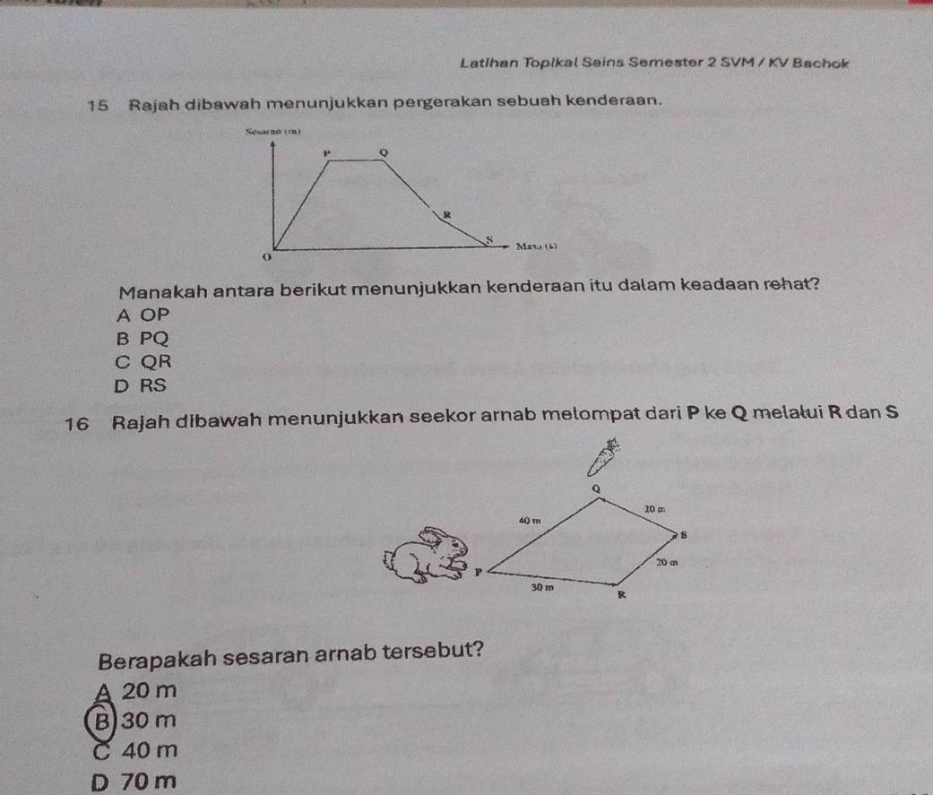 LatIhan Topikal Sains Semester 2 SVM / KV Bachok
15 Rajah dibawah menunjukkan pergerakan sebuah kenderaan.
Ssacho (n)
p Q
R
s Mas,i (6)
Manakah antara berikut menunjukkan kenderaan itu dalam keadaan rehat?
A OP
B PQ
C QR
D RS
16 Rajah dibawah menunjukkan seekor arnab melompat dari P ke Q melałui R dan S
Berapakah sesaran arnab tersebut?
A 20 m
B) 30 m
C 40 m
D 70 m