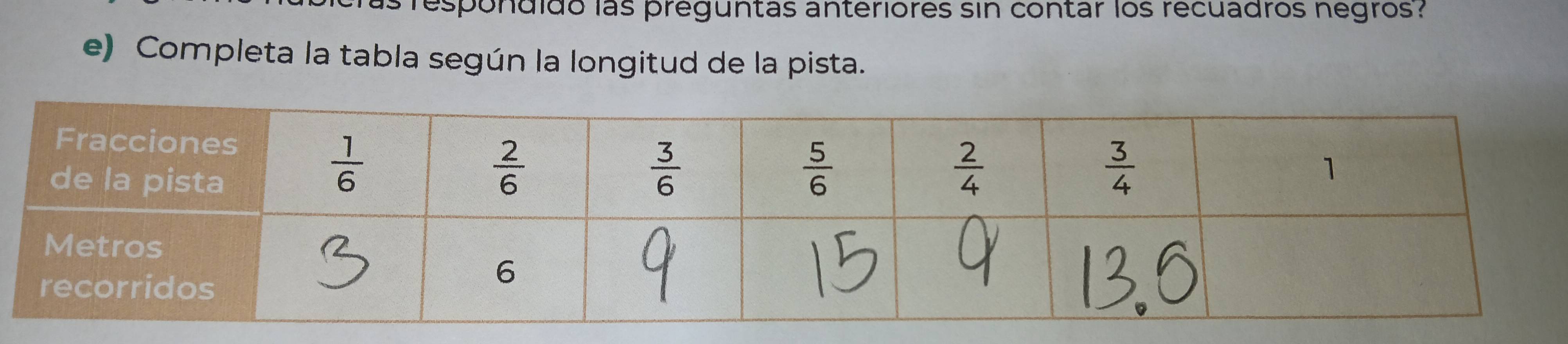 respondido las preguntas anteriores sin contar los recuadros negros :
e) Completa la tabla según la longitud de la pista.