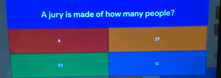 A jury is made of how many people?
27
53
12