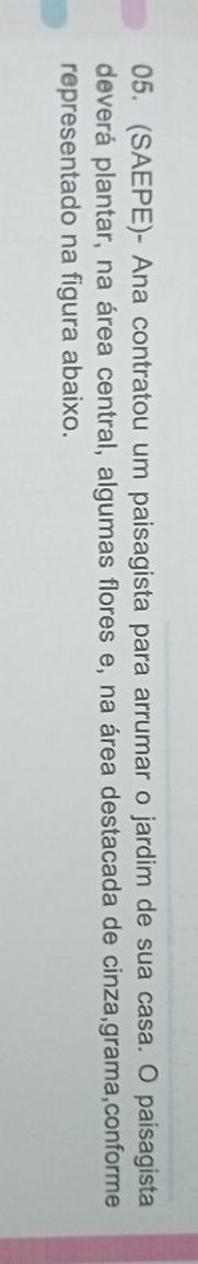 (SAEPE)- Ana contratou um paisagista para arrumar o jardim de sua casa. O paisagista 
deverá plantar, na área central, algumas flores e, na área destacada de cinza,grama,conforme 
representado na figura abaixo.