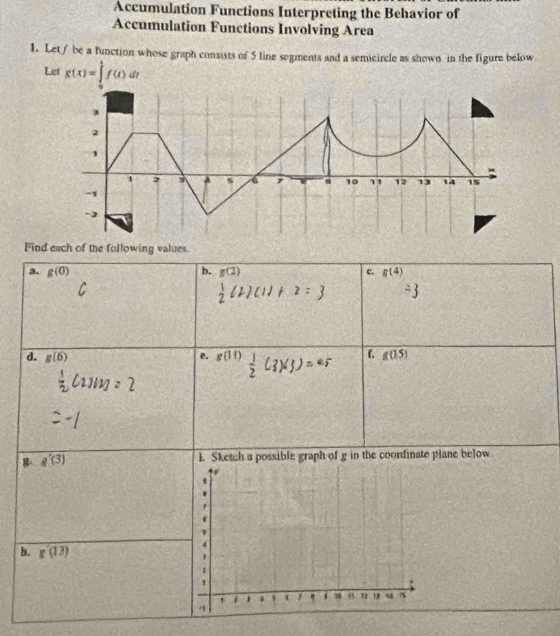 Accumulation Functions Interpreting the Behavior of 
Accumulation Functions Involving Area 
1. Let f be a function whose graph consists of 5 line segments and a semicircle as shown in the figure below 
Let g(x)=∈tlimits _a^bf(t)dt
Find each of the following values 
a. g(0) b. g(2) c. g(4)
d. g(6) e. g(15)
g'(3) 1. Sketch a possible graph of g in the coordinate plane below
t
1
4
h. g'(13) 1
1
1
1 1 4 s 1 ' 1
4
