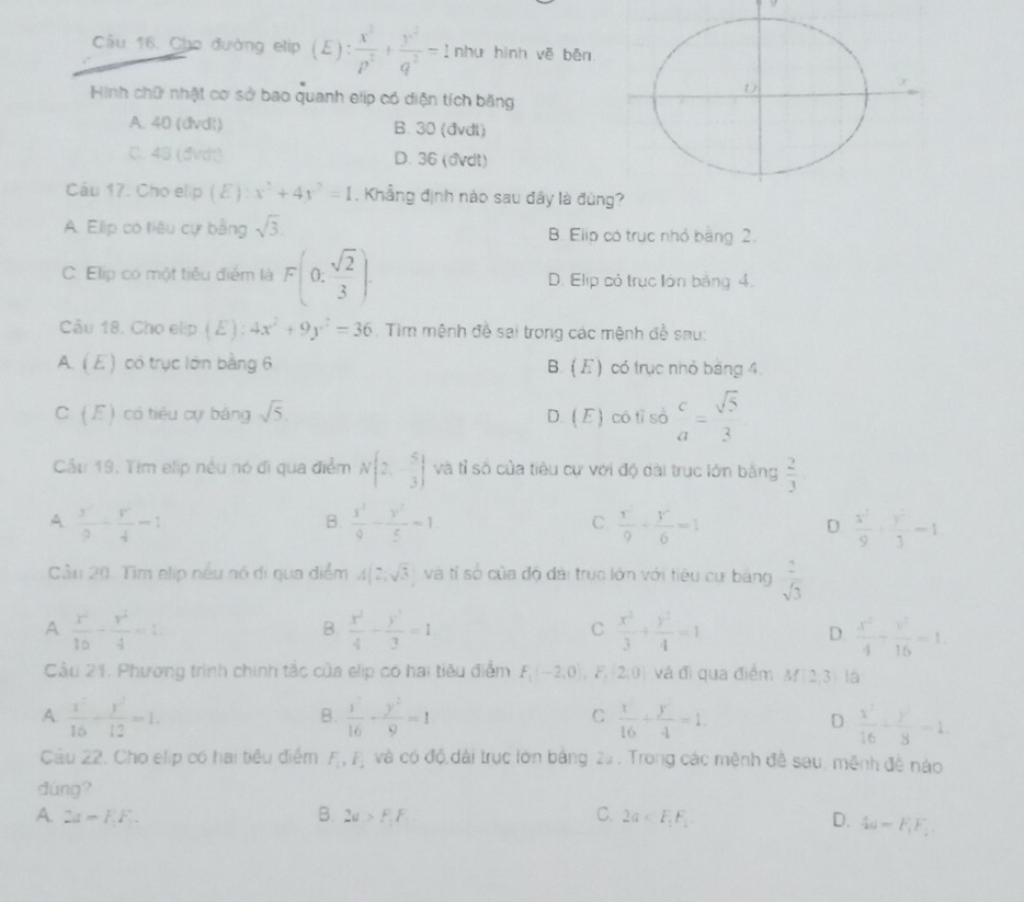 Cho đường elip (£):  x^2/p^2 + y^2/q^2 =1 như hình vẽ bēn
Hình chữ nhật cơ sở bao quanh ep có diện tích băng
A. 40 (dvdt) B. 30 (đvdt)
C. 48 (đvdt) D. 36 (dvdt)
Cáu 17. Cho elip (E) : x^2+4y^2=1. Khẳng định nào sau đây là đùn
A. Elip có tiêu cự bằng sqrt(3). B. Elip có trục nhỏ bằng 2.
C. Elip có một tiêu điểm là F(0, sqrt(2)/3 ). D. Elip có trục lớn bằng 4.
Câu 18. Cho elip (ど) : 4x^2+9y^2=36 Tìm mệnh đề sai trong các mệnh đề sau:
A. ( E) có trục lớn bằng 6 B. ( ) có trục nhỏ băng 4.
C(F) có tiêu cự bảng sqrt(5).
D. (E )  có tỉ số beginarrayr c aendarray =beginarrayr sqrt(5) 3endarray
Cầu 19. Tim elip nều nó đi qua điểm N(2,- 5/3 ) và tỉ số của tiêu cự với độ dài trục lớn bằng  2/3 
A  y/9 + y/4 =1
B.  x^2/9 - y^2/5 =1  x^2/9 + y^2/6 =1 D.  x^2/9 + y^2/3 =1
C.
Cầu 20. Tìm elip nều nó di qua điểm A(2;sqrt(3) và tỉ số của độ đài trục lớn với tiêu cự bảng  1/sqrt(3) 
A  x^2/10 - y^2/4 =1
B.  x^2/4 - y^2/3 =1  x^2/3 + y^2/4 =1 D.  x^2/4 - y^2/16 =1.
C
Câu 21. Phương trình chính tắc của elip có hai tiêu điểm F_1(-2,0),F_2(2,0) và đi qua điểm M|2,3 là
A  x^2/16 - y^2/12 =1.
C
B.  x^2/16 - y^2/9 =1  1/16 + y/4 =1.  x^2/16 - y^2/8 -1.
D
Cầu 22. Cho elip có hai tiêu điểm F_1,F_2 và có độ dài trục lớn bảng 29 . Trong các mệnh đề sau, mệnh đề nào
dùng?
A. 2a=F.F.. B. 2a>F,F C. 2a D. 4a=F_1F_2