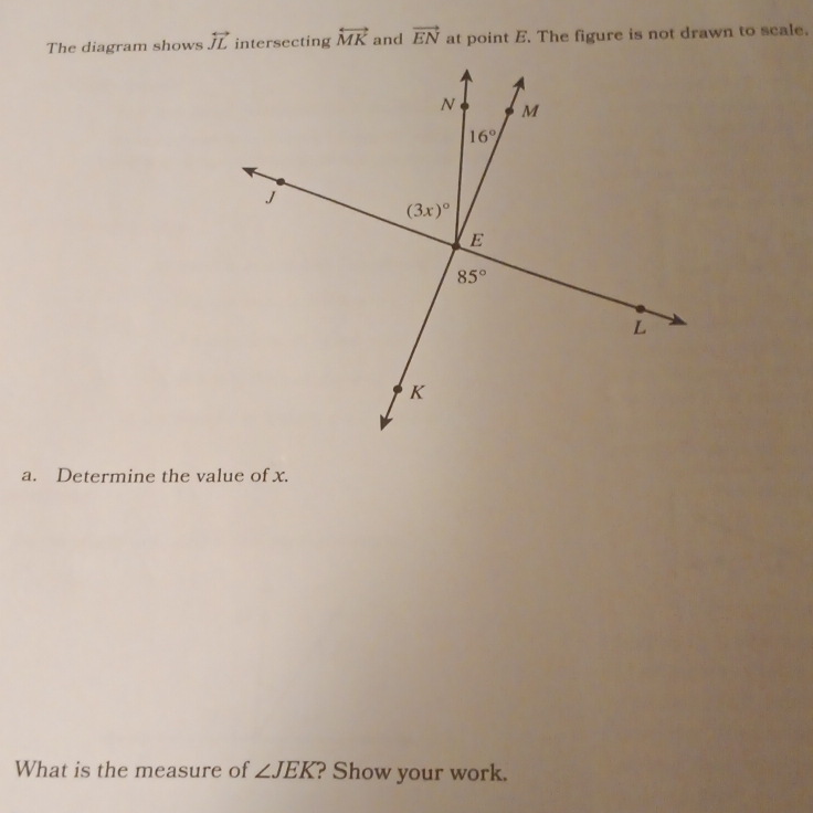 The diagram shows overleftrightarrow JL intersecting overleftrightarrow MK and vector EN at point E. The figure is not drawn to scale.
a. Determine the value of x.
What is the measure of ∠ JEK ? Show your work.