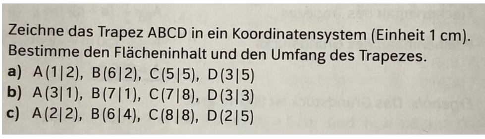 Zeichne das Trapez ABCD in ein Koordinatensystem (Einheit 1 cm). 
Bestimme den Flächeninhalt und den Umfang des Trapezes. 
a) A(1|2), B(6|2), C(5|5), D(3|5)
b) A(3|1), B(7|1), C(7|8), D(3|3)
c) A(2|2), B(6|4), C(8|8), D(2|5)