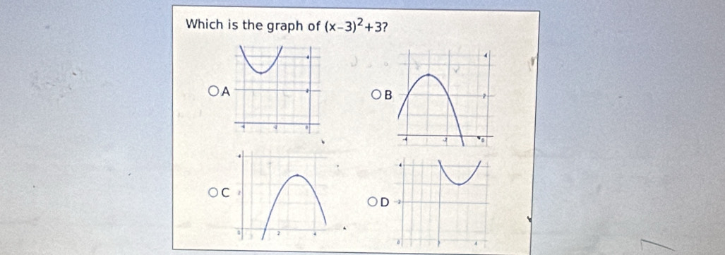 Which is the graph of (x-3)^2+3 ? 
) 
D