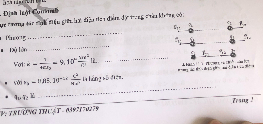 hoà như bàn đầu.
. Định luật Coulomb
ực tương tác tĩnh điện giữa hai điện tích điểm đặt trong chân không có:
_
Phương 
Độ lớn
_
Với: k=frac 14π varepsilon _0=9.10^9 Nm^2/C^2  1 à_ 
Hình 11.1. Phư
_
với varepsilon _0=8,85.10^(-12) C^2/Nm^2  là hằng số điện. tương tác tĩnh điện giữa hai điện tích điểm
q_1,q_2 là
Trang 1
V: trưỜnG tHUậT - 0397170279