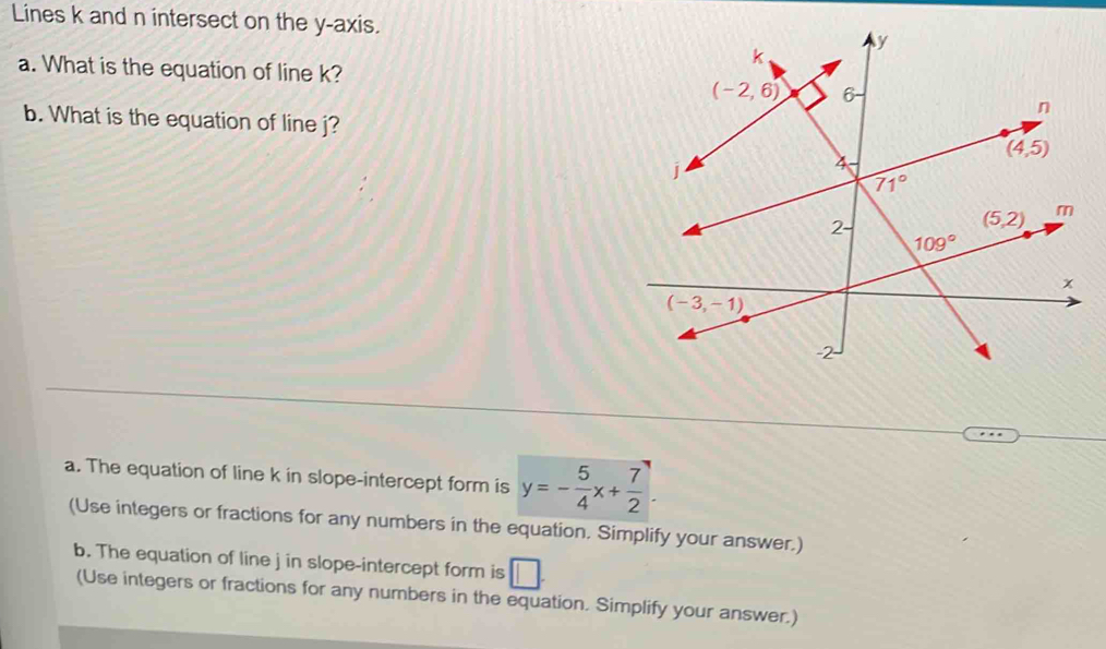 Lines k and n intersect on the y-axis.
a. What is the equation of line k? 
b. What is the equation of line j?
a. The equation of line k in slope-intercept form is y=- 5/4 x+ 7/2 .
(Use integers or fractions for any numbers in the equation. Simplify your answer.)
b. The equation of line j in slope-intercept form is
(Use integers or fractions for any numbers in the equation. Simplify your answer.)