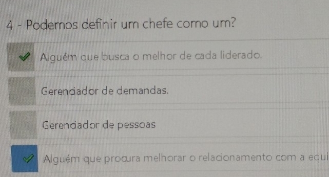 Podemos definir um chefe como um?
Alguém que busca o melhor de cada liderado.
Gerenciador de demandas.
Gerenciador de pessoas
Alguém que procura melhorar o relacionamento com a equi