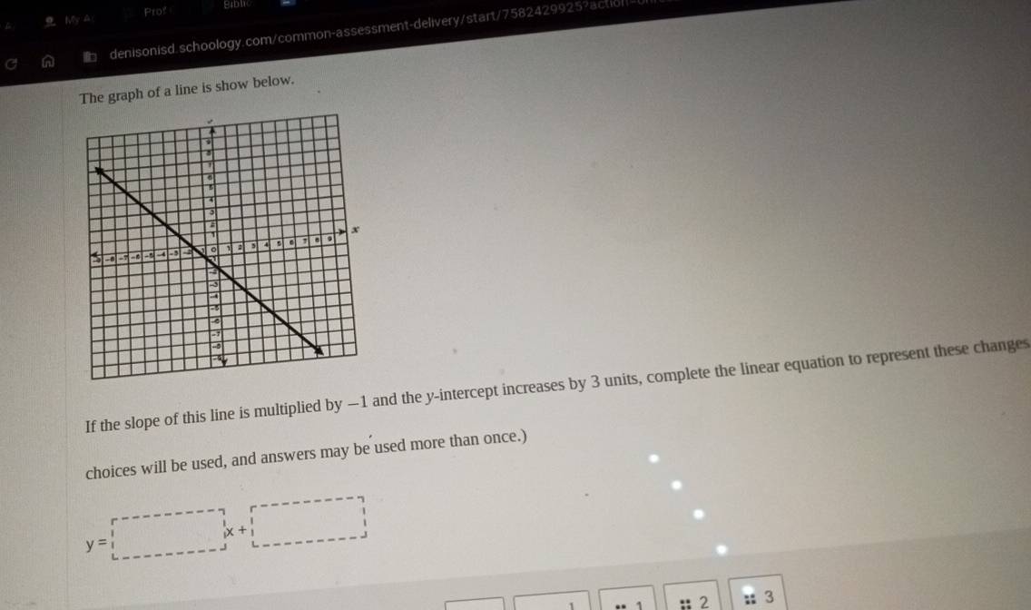 My A Prof 
a denisonisd.schoology.com/common-assessment-delivery/start/7582429925?actio/ 
The graph of a line is show below. 
If the slope of this line is multiplied by —1 and the y-intercept increases by 3 units, complete the linear equation to represent these changes 
choices will be used, and answers may be used more than once.)
y=□
1 . 2 3