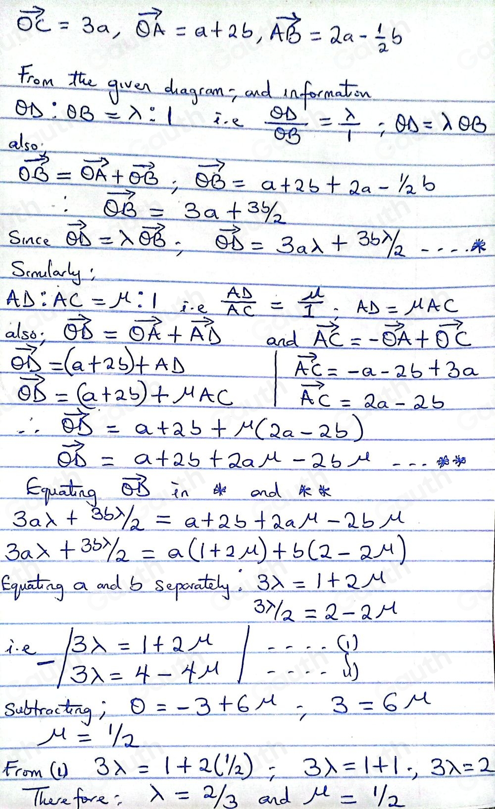 تم الحل:OABC is a quadrilateral, where vector OC=3a, vector OA=a+2b and ...
