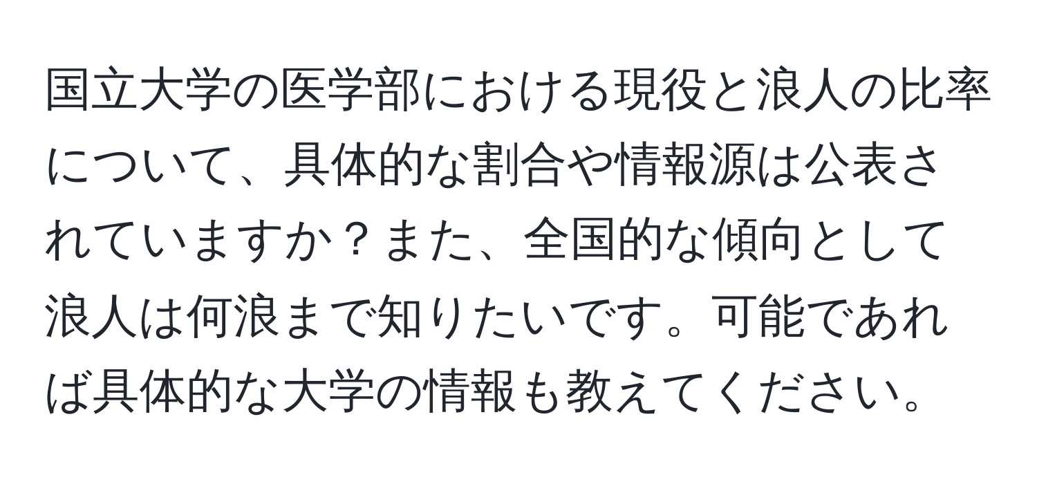 国立大学の医学部における現役と浪人の比率について、具体的な割合や情報源は公表されていますか？また、全国的な傾向として浪人は何浪まで知りたいです。可能であれば具体的な大学の情報も教えてください。