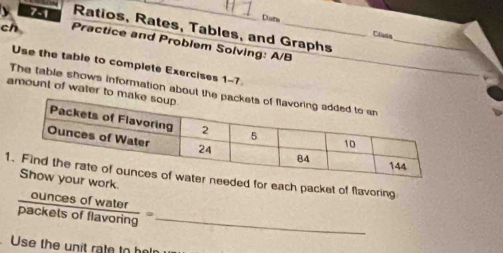 Date 
、 7 1 Ratios, Rates, Tables, and Graphs_ 
Class 
ch Practice and Problem Solving: A/B 
Use the table to complete Exercises 1-7 
The table shows information about t 
amount of water to m 
1ded for each packet of flavoring 
work.
 ouncesofwater/packetsofflavoring = _ 
Use the unit rate to he