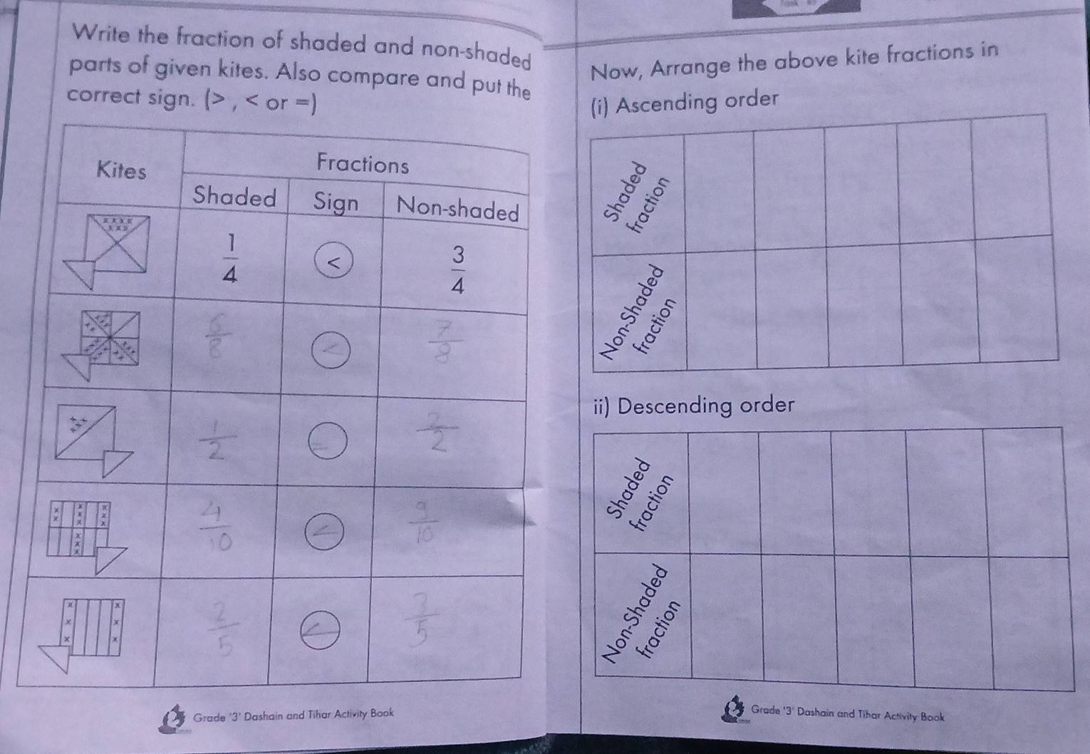 Write the fraction of shaded and non-shaded
Now, Arrange the above kite fractions in
parts of given kites. Also compare and put the
correct sign. (> , < or (i) Ascending order
ii) Descending order
Grade '3' Dashain and Tihar Activity Book
Grade '3' Dashain and Tihar Activity Book