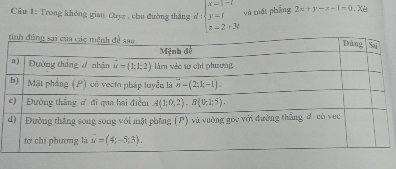 Trong không gian Oxyz , cho đường thắng d:beginarrayl x=1-t y=t z=2+3tendarray. và mặt phắng 2x+y-z-1=0. Xét