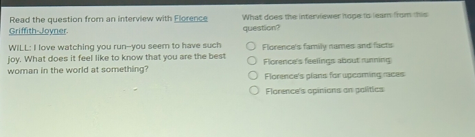 Read the question from an interview with Florence What does the interviewer hope to leam from this
Griffith-Joyner. question?
WILL: I love watching you run--you seem to have such Florence's family names and facts
joy. What does it feel like to know that you are the best Florence's feelings about running
woman in the world at something?
Florence's plans for upcoming races
Florence's opinions on palitics