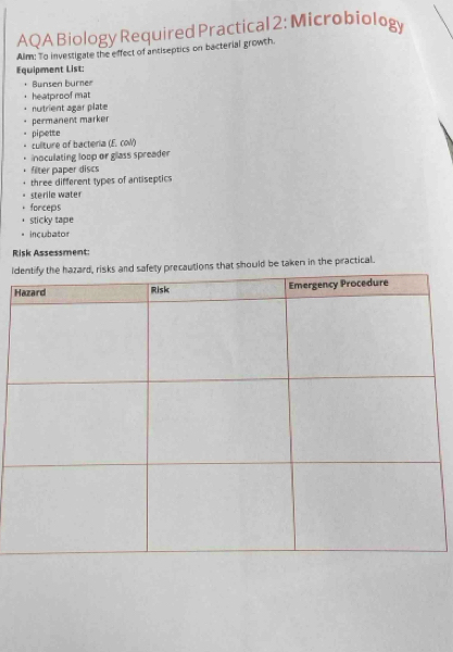AQA Biology Required Practical 2: Microbiology 
Alm: To investigate the effect of antiseptics on bacterial growth. 
Equipment List: 
Bunsen burner 
heatproof mat 
nutrient agar plate 
permanent marker 
pipette 
cullture of bacteria (E. col) 
inoculating loop or glass spreader 
fiter paper discs 
three different types of antiseptics 
sterile water 
forceps 
sticky tape 
incubator 
Risk Assessment: 
ithat should be taken in the practical. 
H