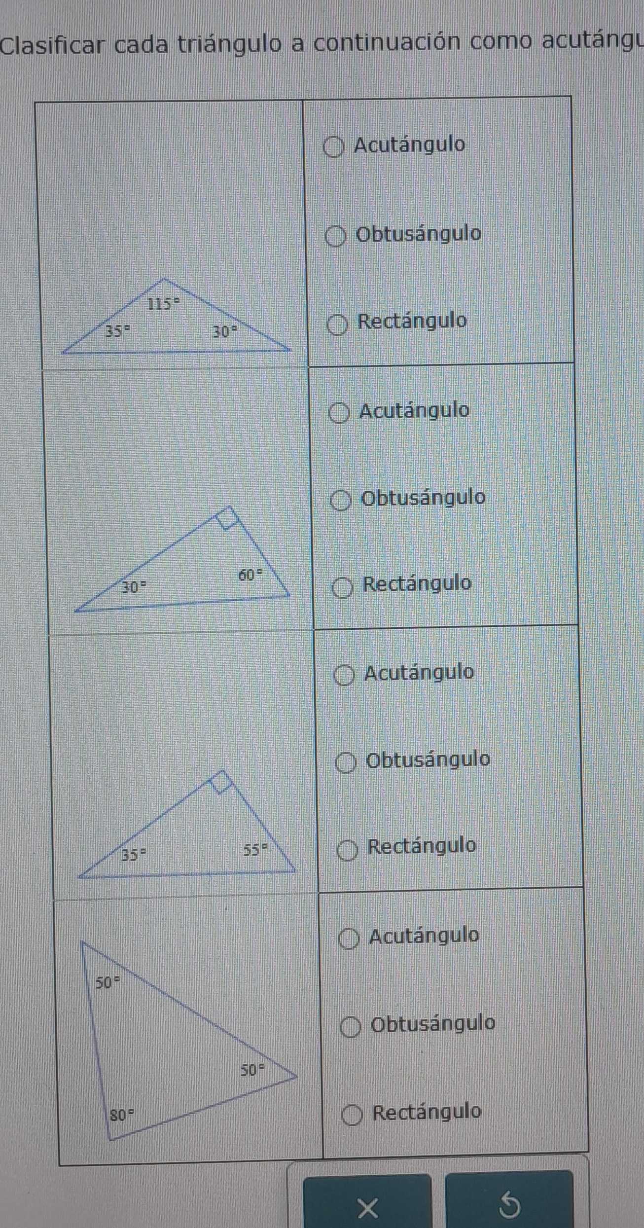 Clasificar cada triángulo a continuación como acutángu
×