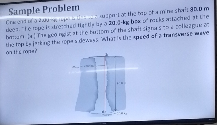 Sample Problem 
One end of a 2.00-kg rope is tied to a support at the top of a mine shaft 80.0 m
deep. The rope is stretched tightly by a 20.0-kg box of rocks attached at the 
bottom. (a.) The geologist at the bottom of the shaft signals to a colleague at 
the top by jerking the rope sideways. What is the speed of a transverse wave 
on the rope? 
mrope =2.00kg
80.0 m
Msamplea =20.0kg