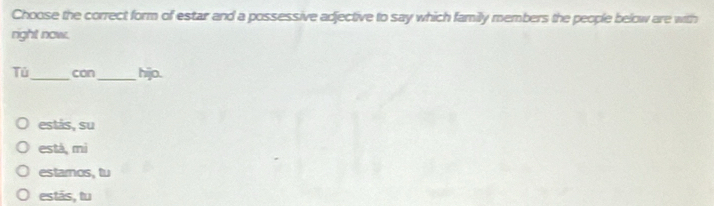 Choose the correct form of estar and a possessive adjective to say which family members the people below are with
right now.
Tú_ can_ hijo.
estás, su
està, mì
estarnos, tu
estãs, tu