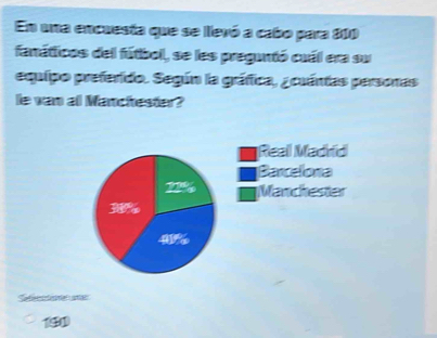 En una encuesta que se llevó a cabo para 800
fanáticos del fútbol, se les preguntó cuál era su
equipo preferido. Según la gráfica, ¿ cuántas personas
le wan al Manchester?
Real Madrid
Barcelona
Manchester
Seferedee anec
190